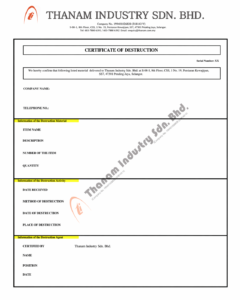 Certificate of Destruction Template